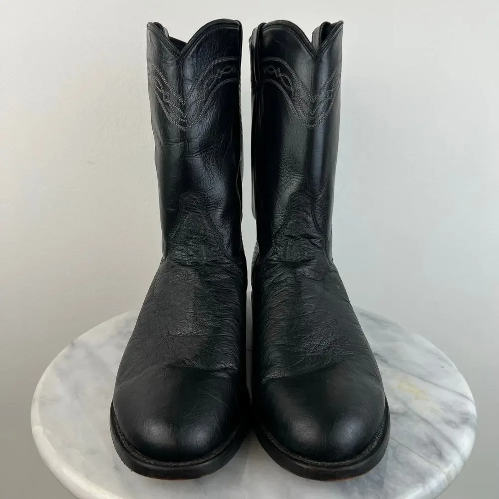 Justin 3172 Men's Exotic Roper Boot Black Smooth Ostrich Foot Roper Toe (Sz 11)